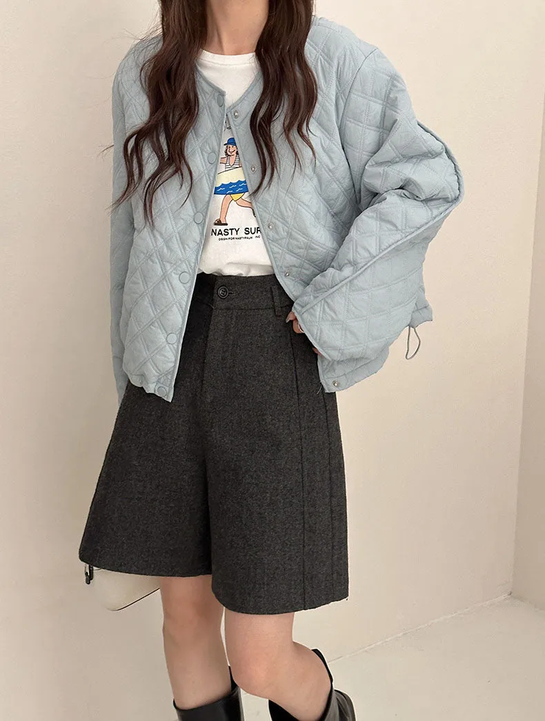 Solid Color Button-up Water-resistant Puffer Jacket for Women