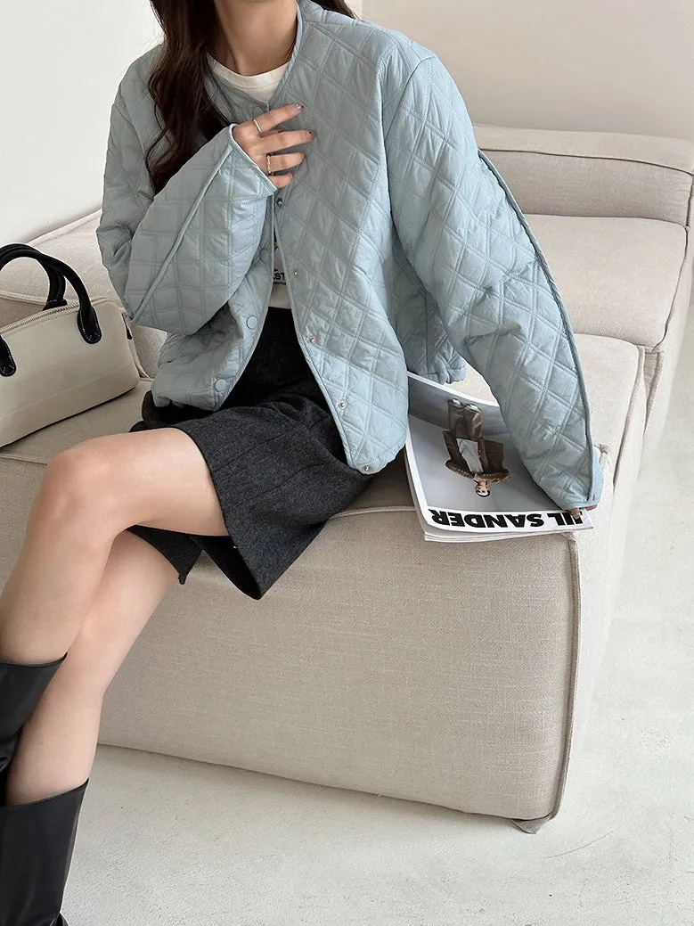 Solid Color Button-up Water-resistant Puffer Jacket for Women