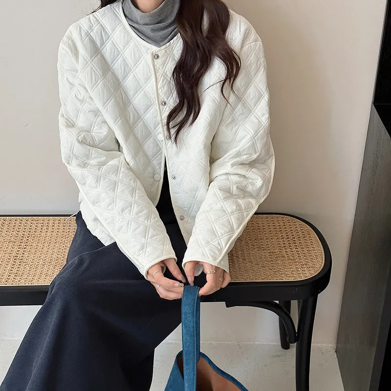 Solid Color Button-up Water-resistant Puffer Jacket for Women