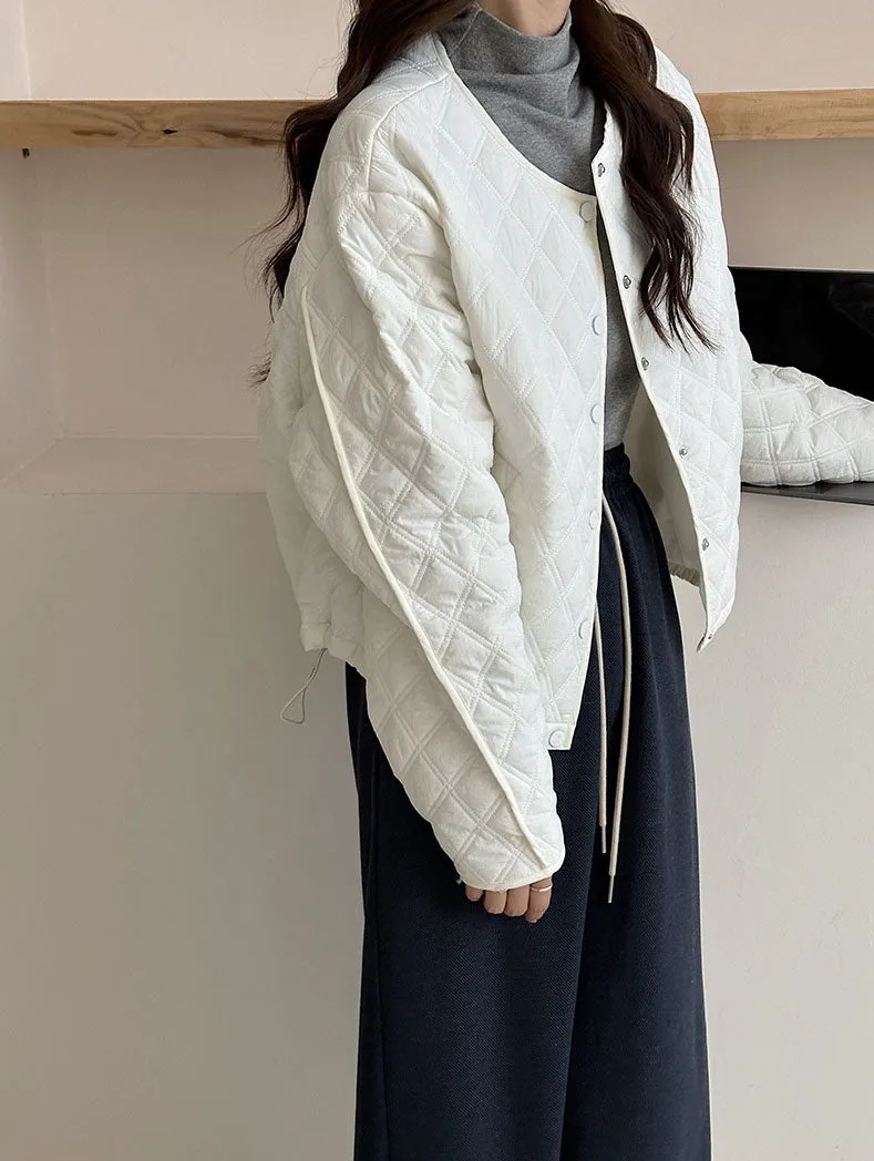 Solid Color Button-up Water-resistant Puffer Jacket for Women