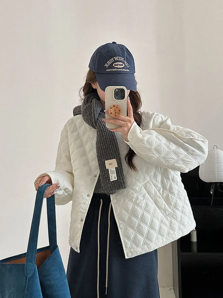 Solid Color Button-up Water-resistant Puffer Jacket for Women