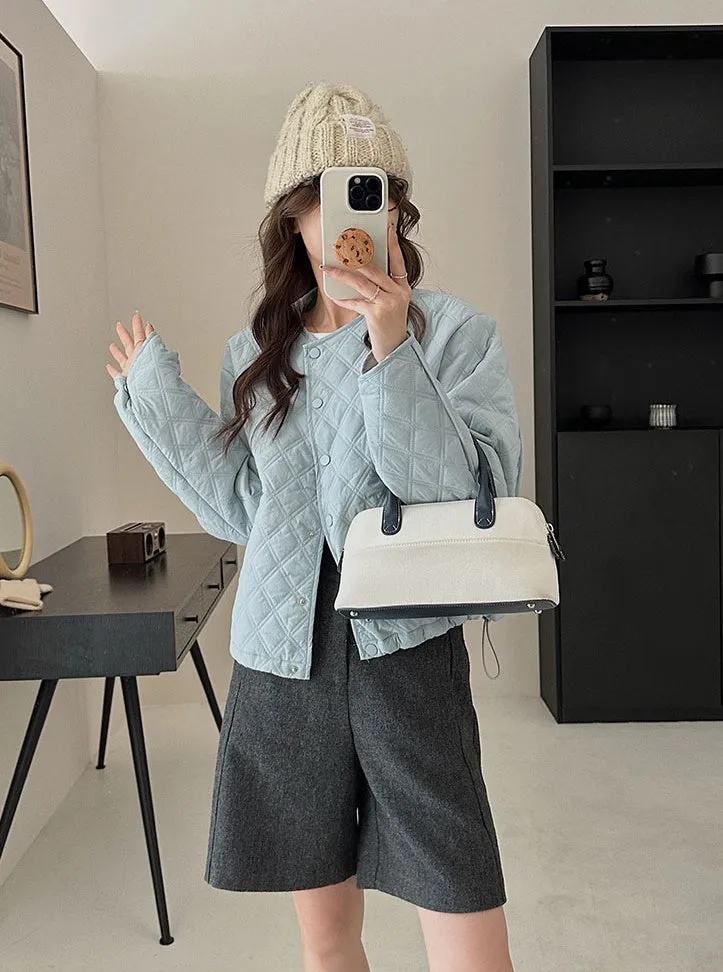 Solid Color Button-up Water-resistant Puffer Jacket for Women
