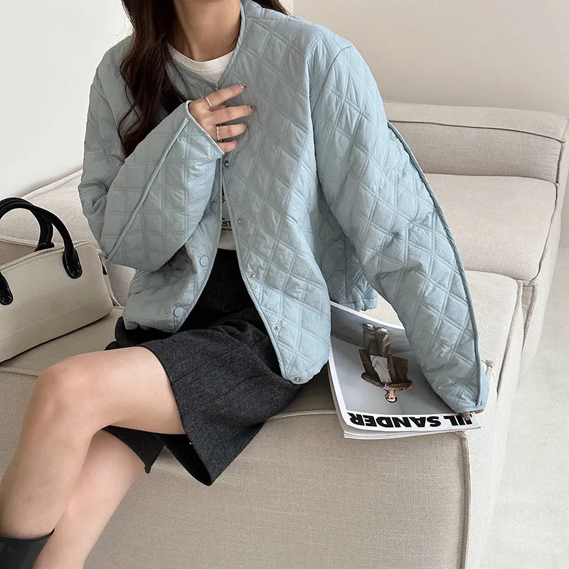 Solid Color Button-up Water-resistant Puffer Jacket for Women