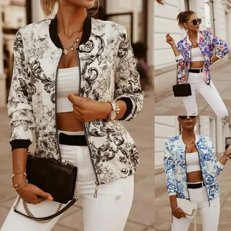 Stunning Flower Print Long Sleeve Women's Bomber Jacket Fashionable Zipper Up Vintage Coat Tops Elegant Slim Basic Ladies Jackets Outwear