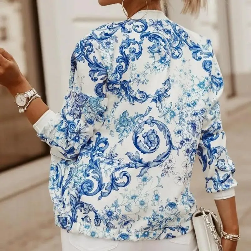 Stunning Flower Print Long Sleeve Women's Bomber Jacket Fashionable Zipper Up Vintage Coat Tops Elegant Slim Basic Ladies Jackets Outwear
