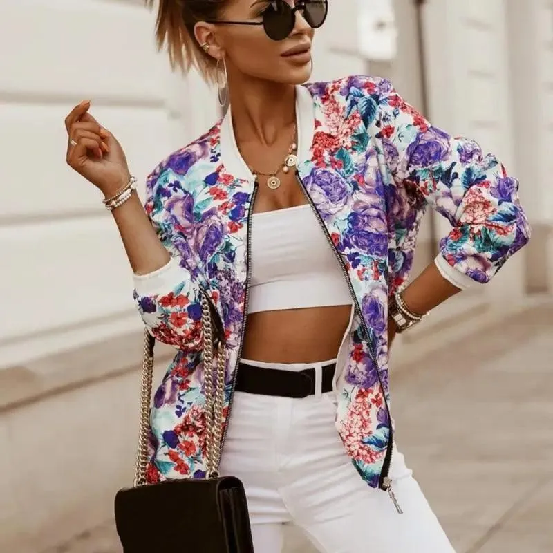 Stunning Flower Print Long Sleeve Women's Bomber Jacket Fashionable Zipper Up Vintage Coat Tops Elegant Slim Basic Ladies Jackets Outwear
