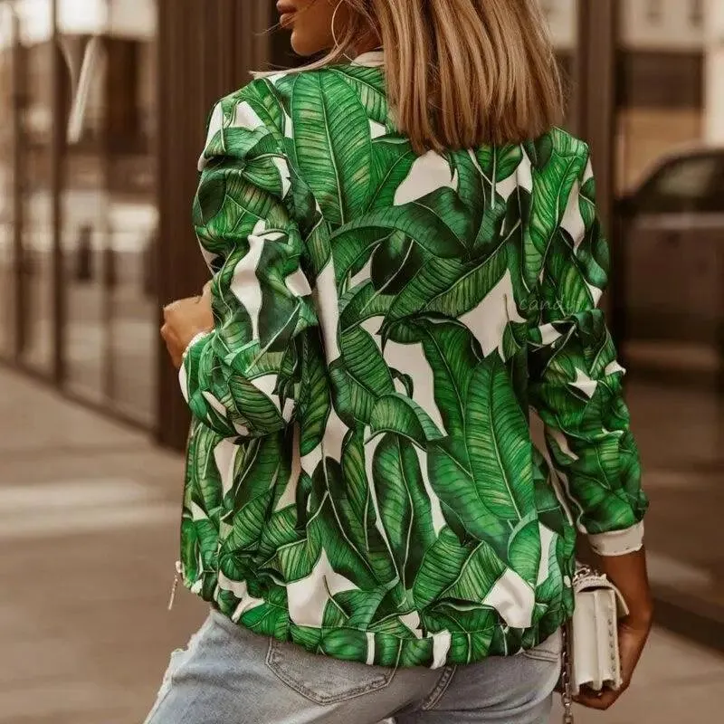 Stunning Flower Print Long Sleeve Women's Bomber Jacket Fashionable Zipper Up Vintage Coat Tops Elegant Slim Basic Ladies Jackets Outwear