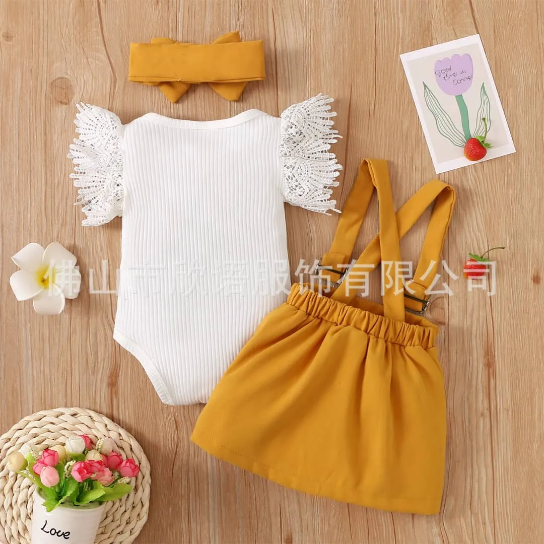 STYLISH LACE DETAIL VEST & PINAFORE /SKIRT DUNG SET
