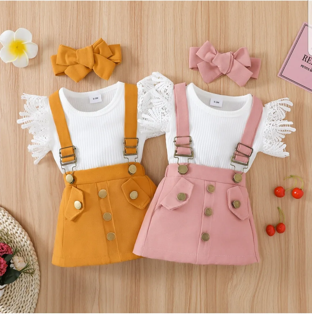 STYLISH LACE DETAIL VEST & PINAFORE /SKIRT DUNG SET