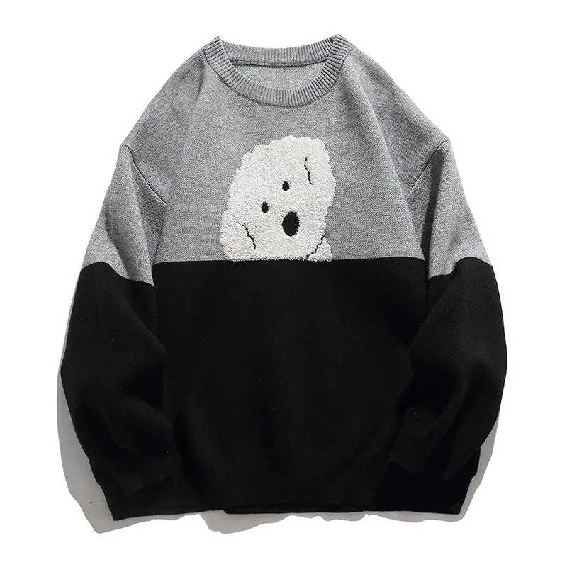 Stylish Patchwork Sweater Featuring Adorable Animal Embroidery