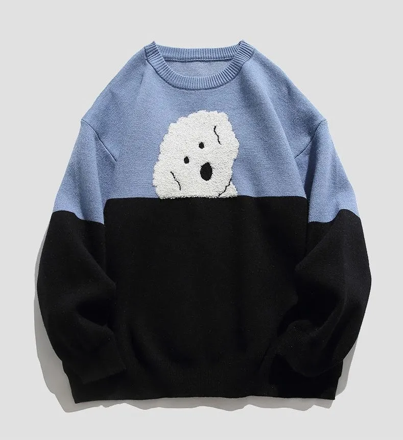 Stylish Patchwork Sweater Featuring Adorable Animal Embroidery