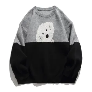 Stylish Patchwork Sweater Featuring Adorable Animal Embroidery