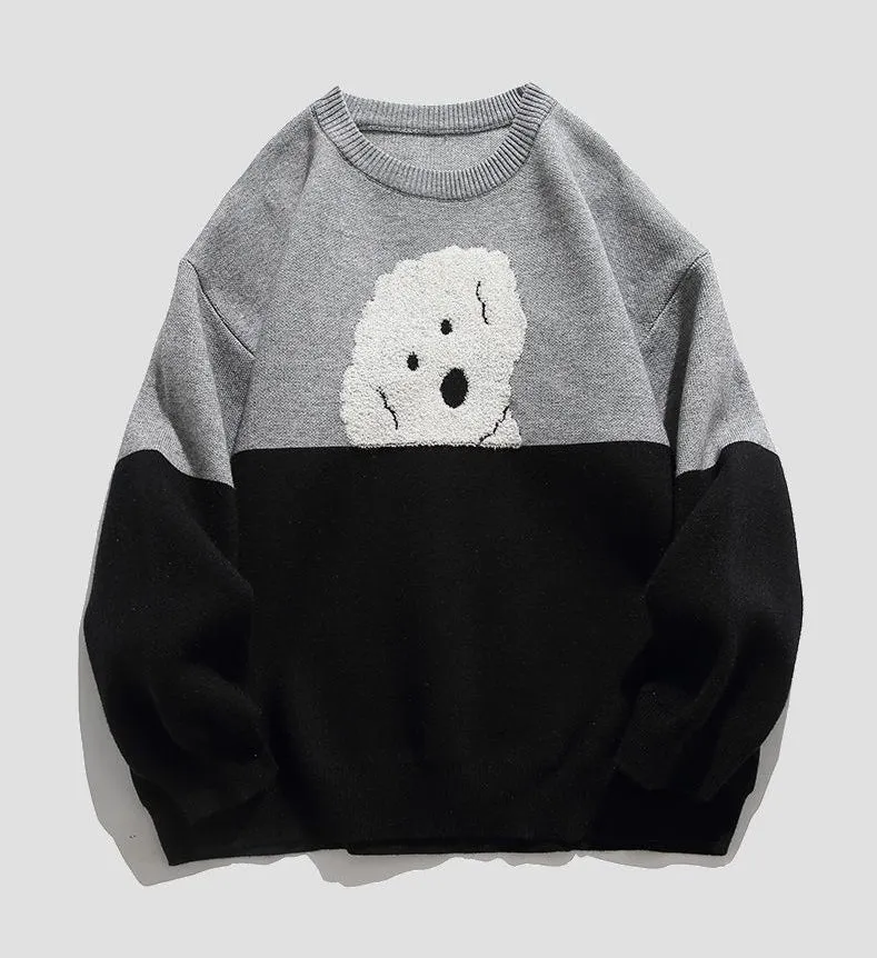 Stylish Patchwork Sweater Featuring Adorable Animal Embroidery