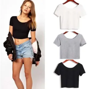 Summer Sexy Crop Top Ladies Short Sleeve t shirt women tops Basic Stretch T-shirts Bare-midriff solid color easy match