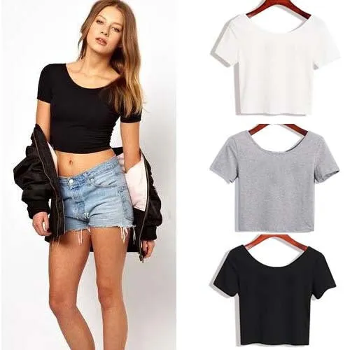 Summer Sexy Crop Top Ladies Short Sleeve t shirt women tops Basic Stretch T-shirts Bare-midriff solid color easy match