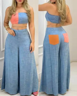 Two Piece Sets Womens Outifits Summer Fashion Colorblock Bandeau Sleeveless Shirring Crop Top & Casual Wide Leg Long Pants Set