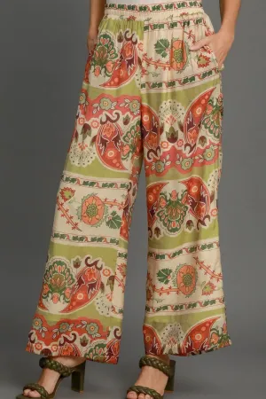 Umgee Green Plus Size Wide Leg Border Print Pants