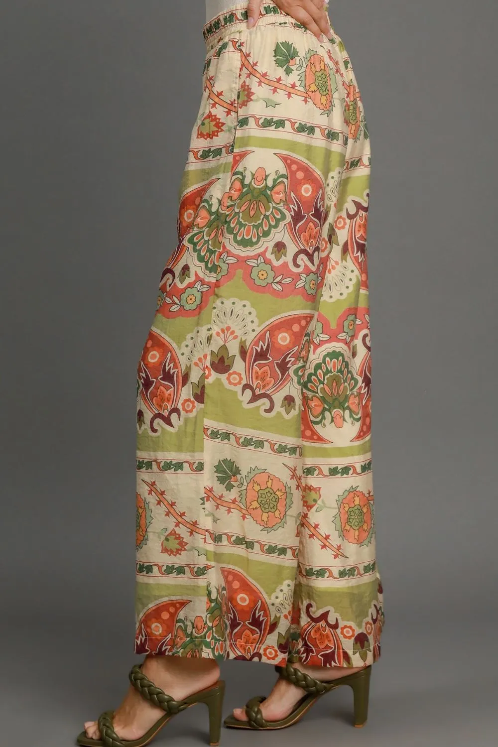 Umgee Green Plus Size Wide Leg Border Print Pants