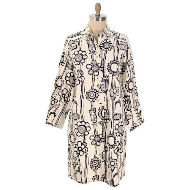 Vintage Ladies Mod Black & White Stylized Floral  Vinyl Raincoat M-L 1960s