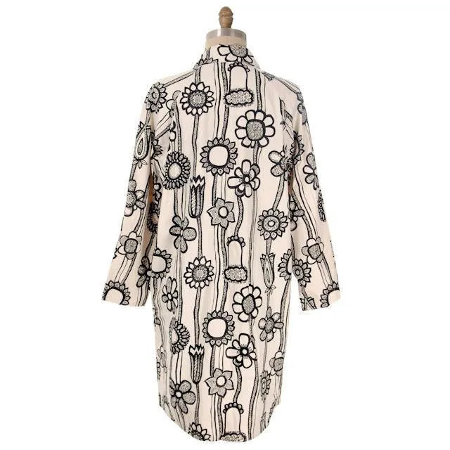 Vintage Ladies Mod Black & White Stylized Floral  Vinyl Raincoat M-L 1960s