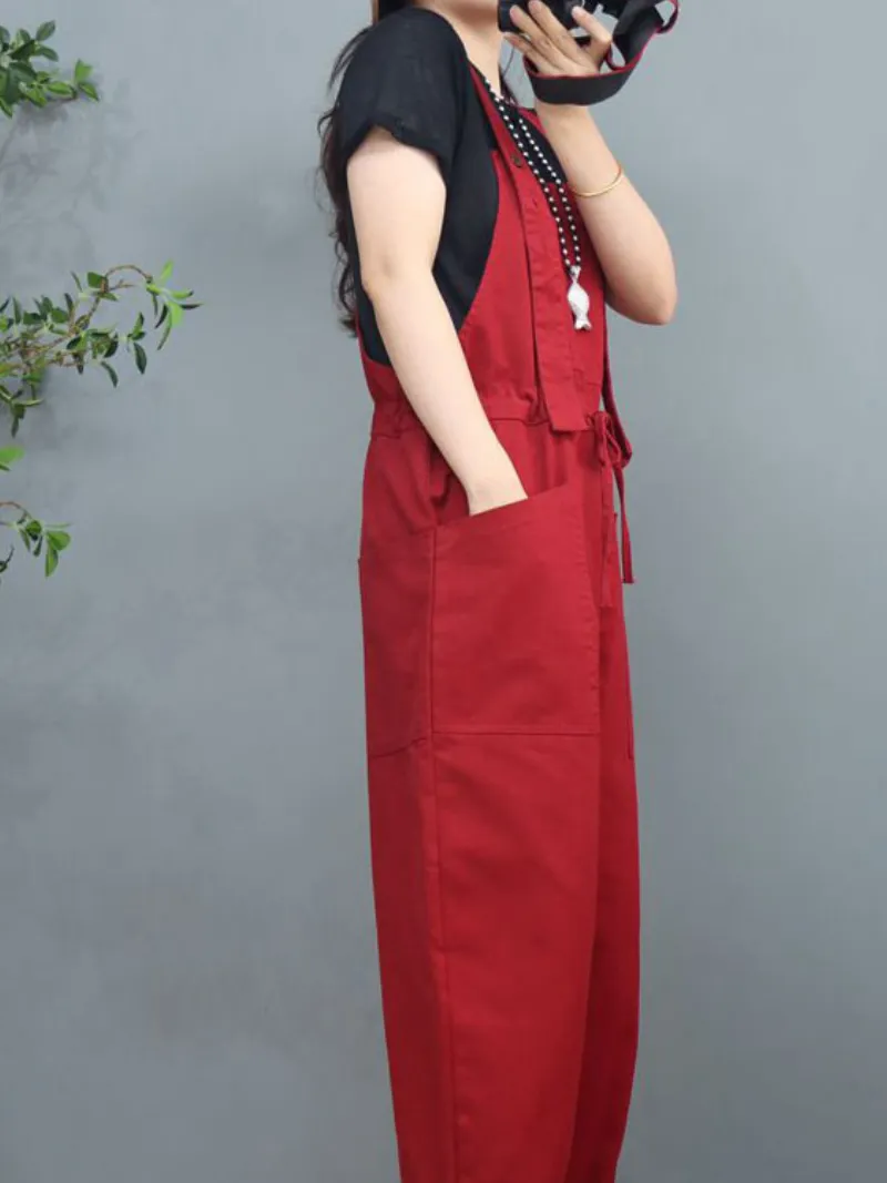 Waist Tie Belt Loose Wide-Leg Boho Pockets Overalls