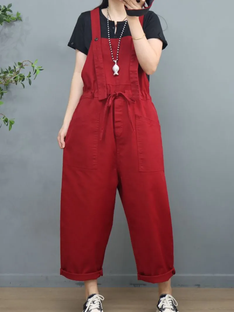 Waist Tie Belt Loose Wide-Leg Boho Pockets Overalls