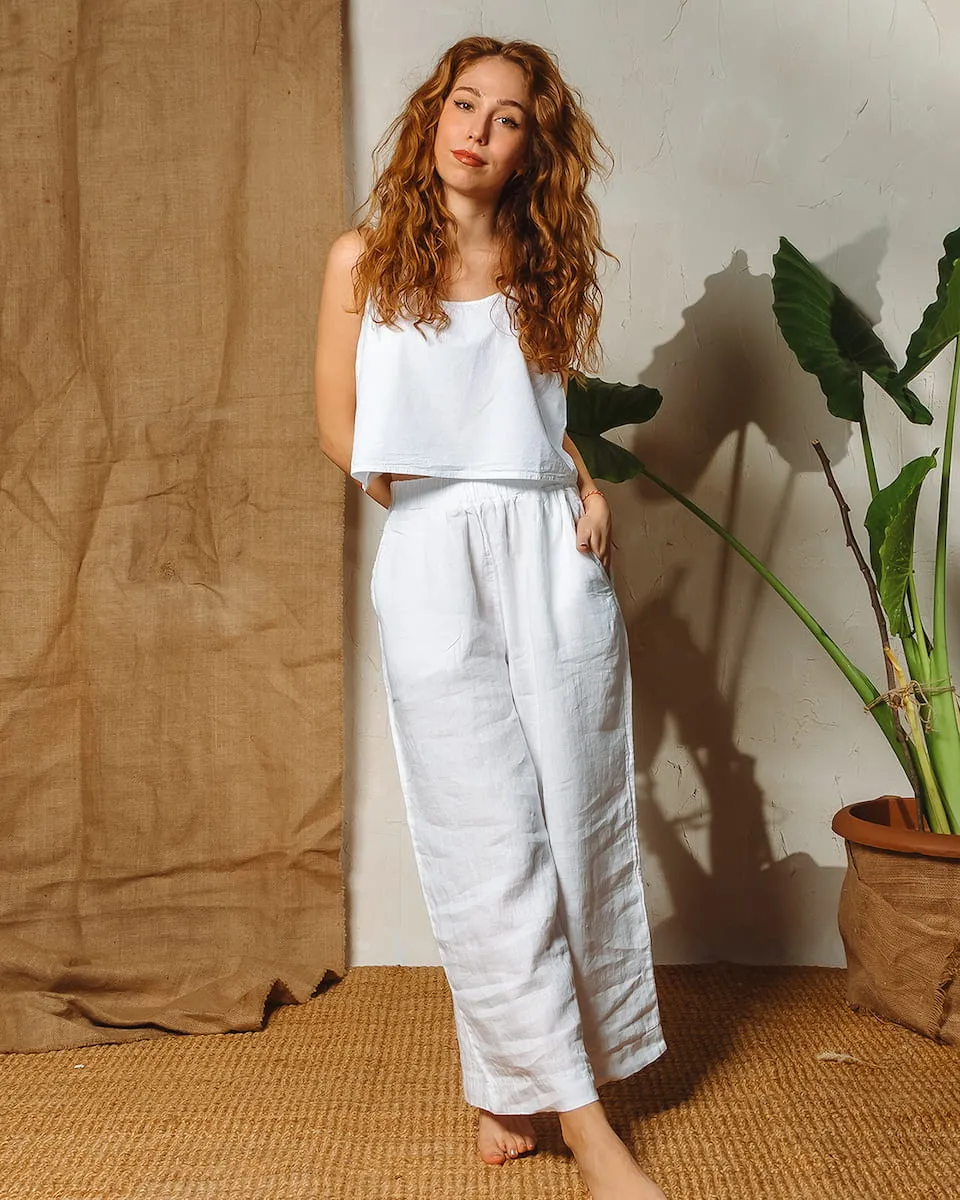 White Linen Wide Leg Pants
