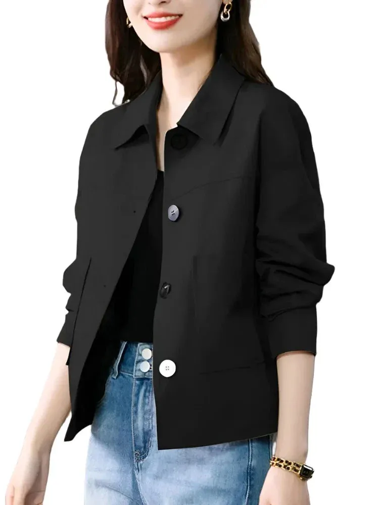 Woman Vintage Coats Female Casual Loose Outwear Long Sleeve Lapel Neck Solid Outwear Autumn Elegant Office Jackets