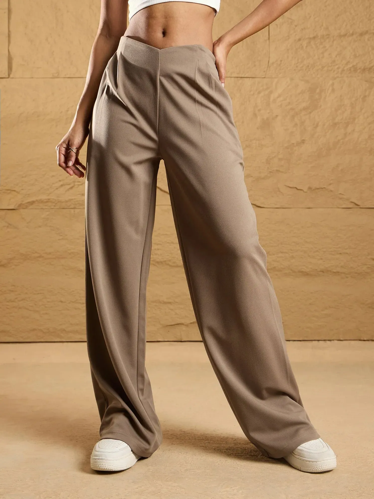 Women Beige Front Pleated Comfort Fit Korean Pants-SFPANT50861
