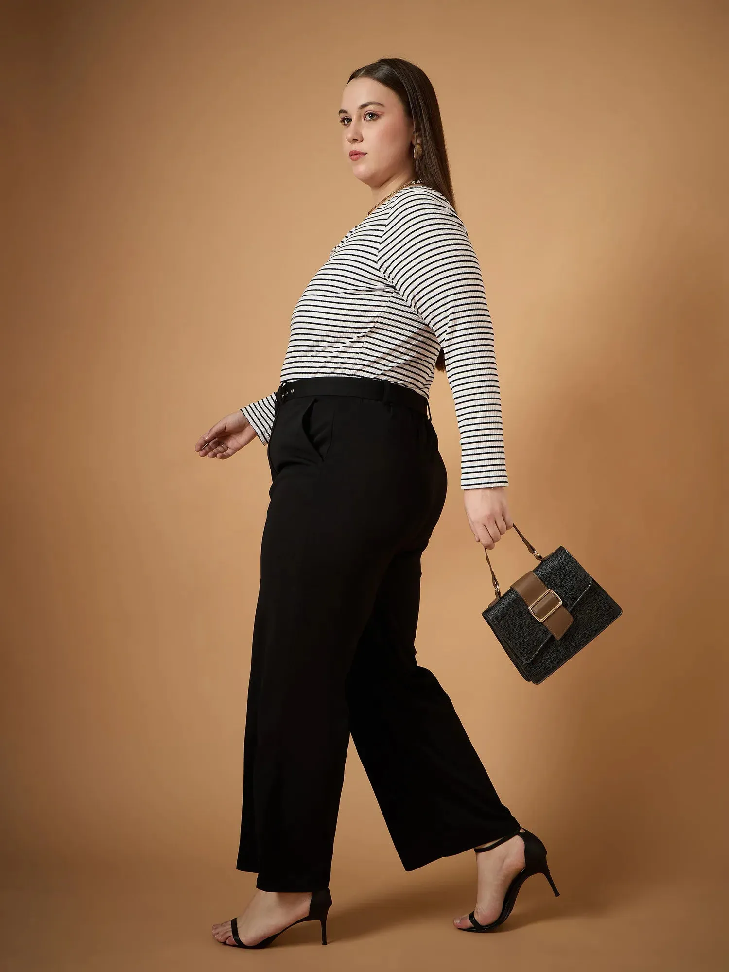 Women Black Belt Detail Straight Pants-SFPANT50938