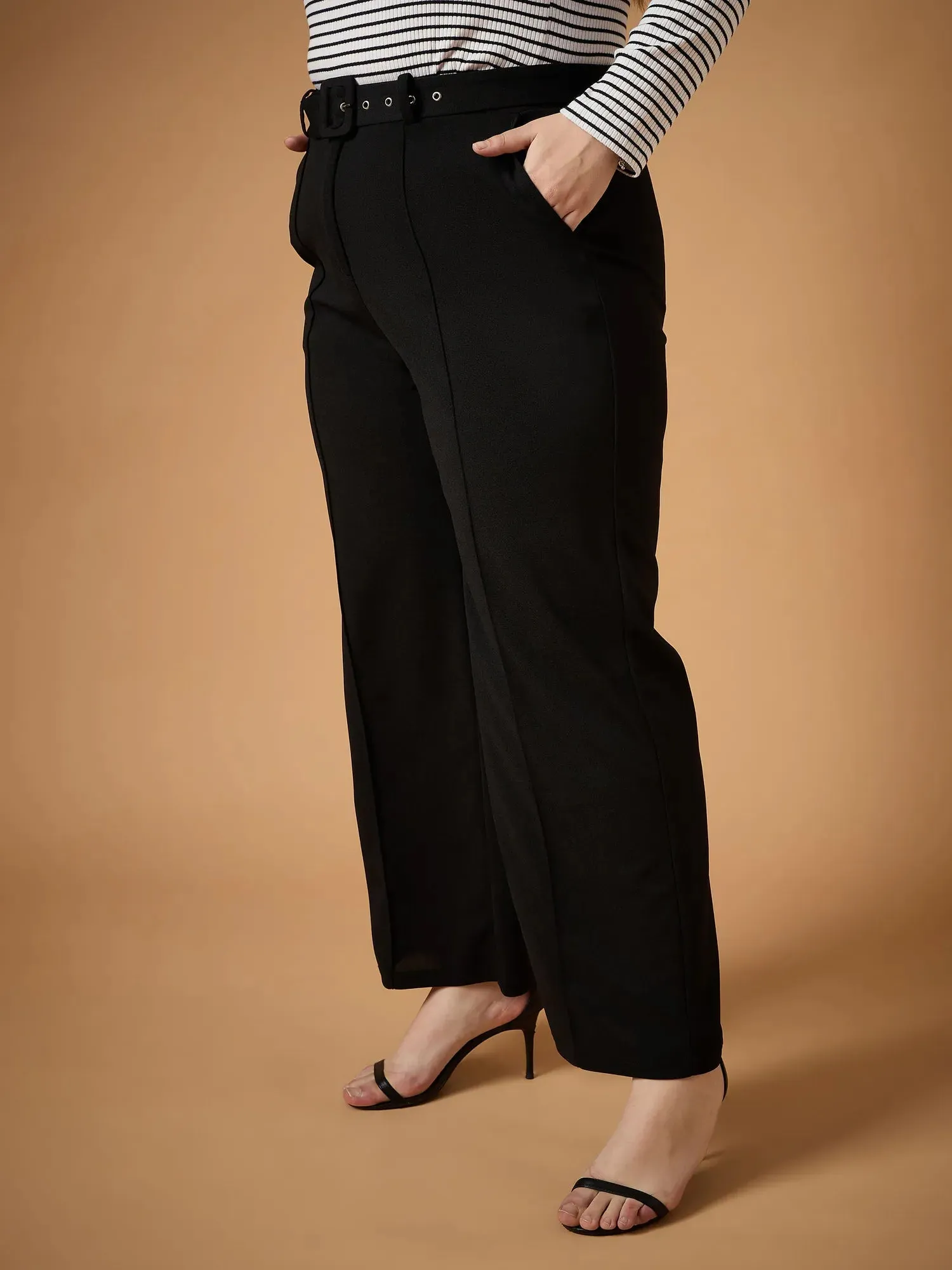 Women Black Belt Detail Straight Pants-SFPANT50938