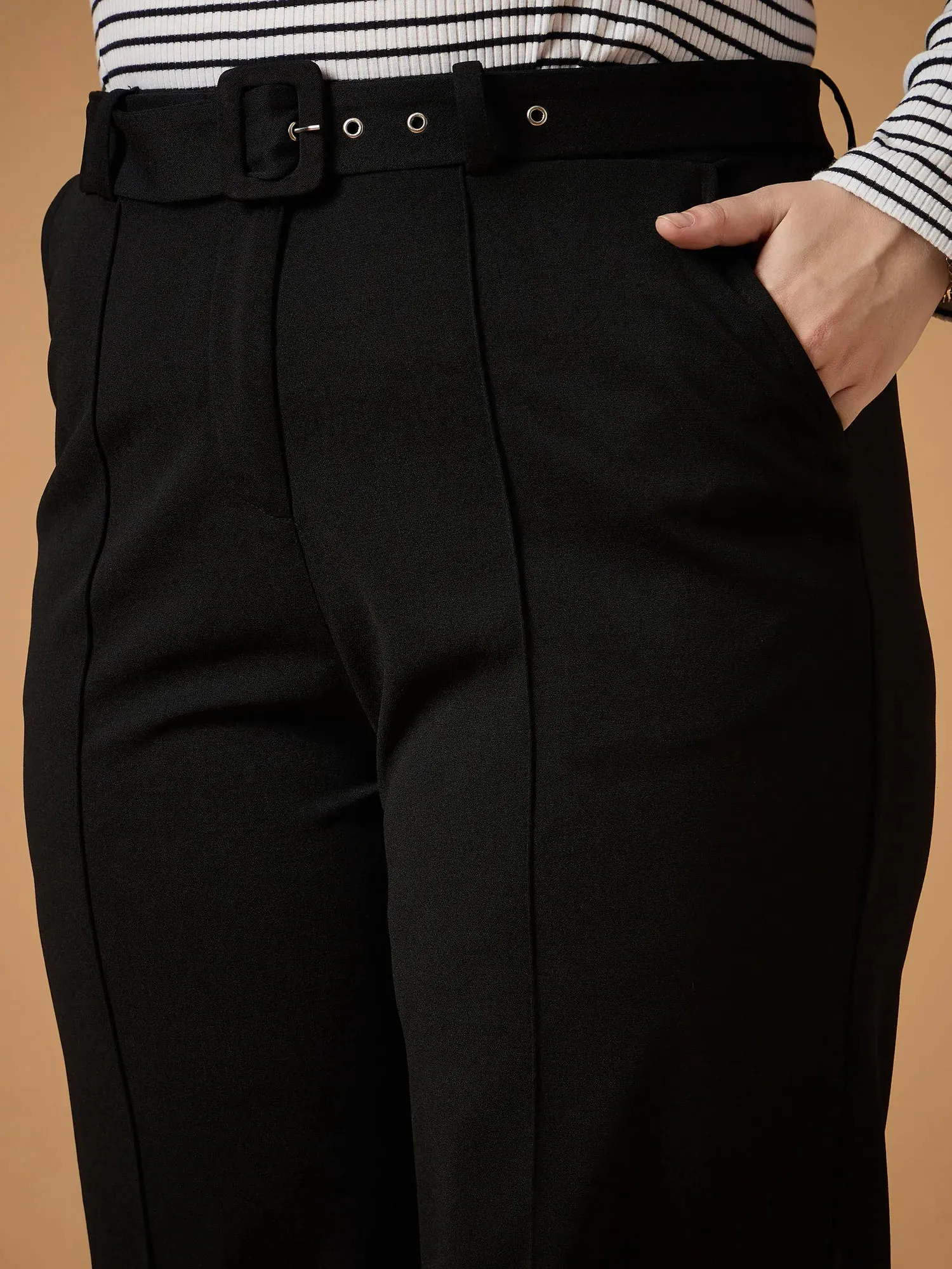 Women Black Belt Detail Straight Pants-SFPANT50938