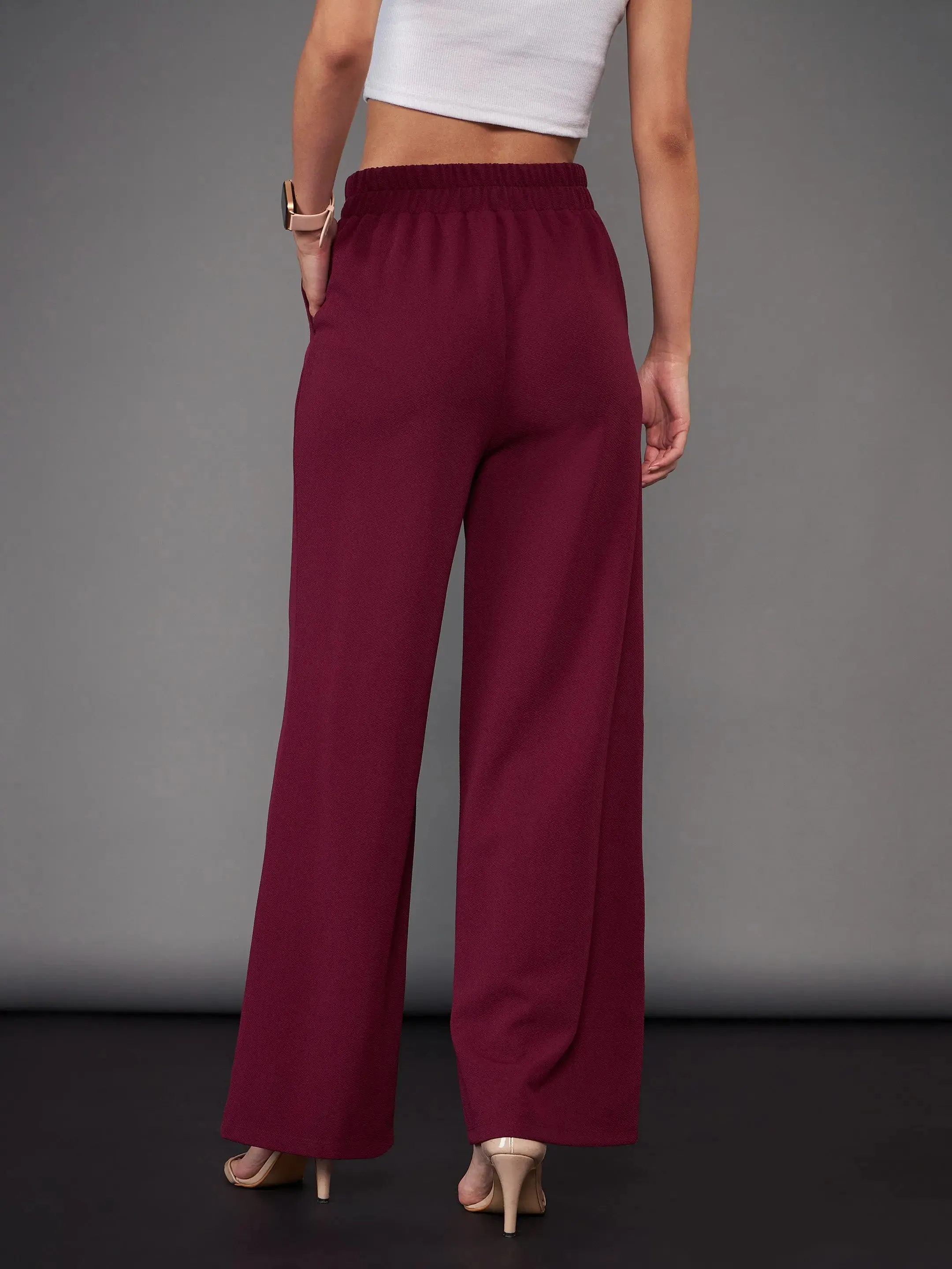 Women Burgundy Front Darted Palazzo Pants