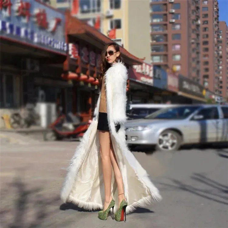 Women Faux Fox Fur Coats Maxi Long Jackets Turn Down Collar Loose Open Stitch Elegant Full Sleeve Long Coat Warm Thick Outerwear