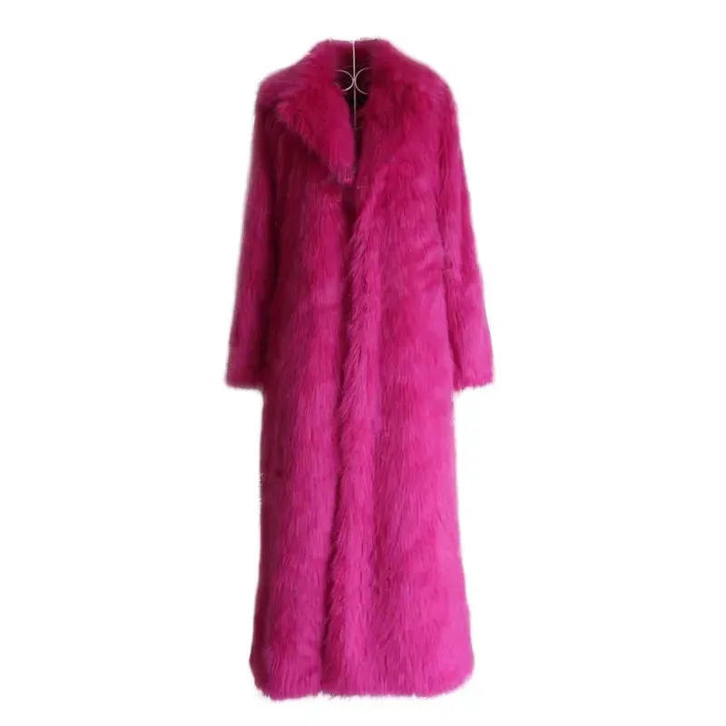 Women Faux Fox Fur Coats Maxi Long Jackets Turn Down Collar Loose Open Stitch Elegant Full Sleeve Long Coat Warm Thick Outerwear