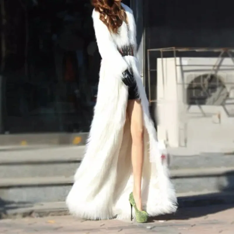 Women Faux Fox Fur Coats Maxi Long Jackets Turn Down Collar Loose Open Stitch Elegant Full Sleeve Long Coat Warm Thick Outerwear