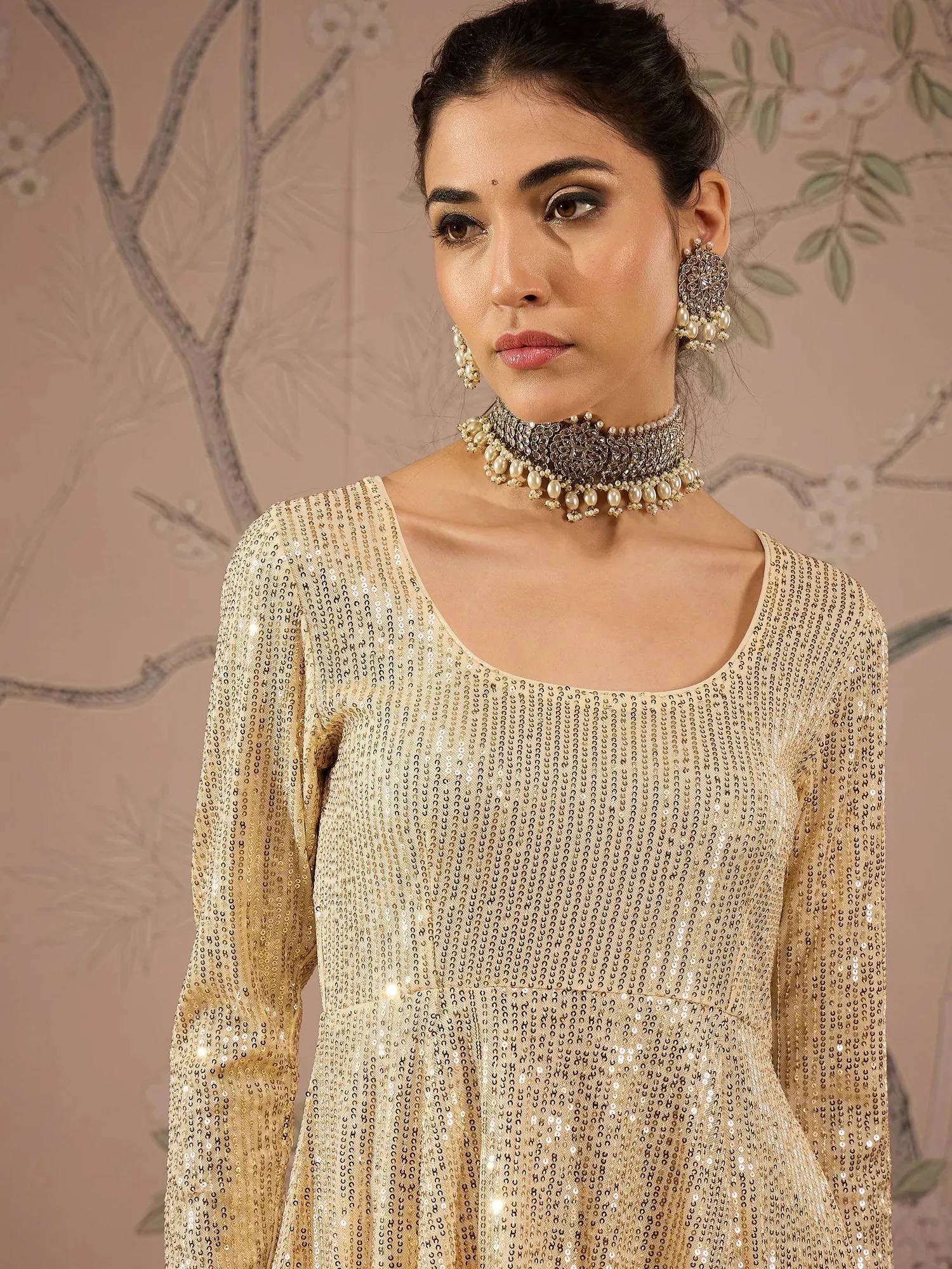 Women Gold Sequins Peplum Top With Flared Pants-SHSET96070