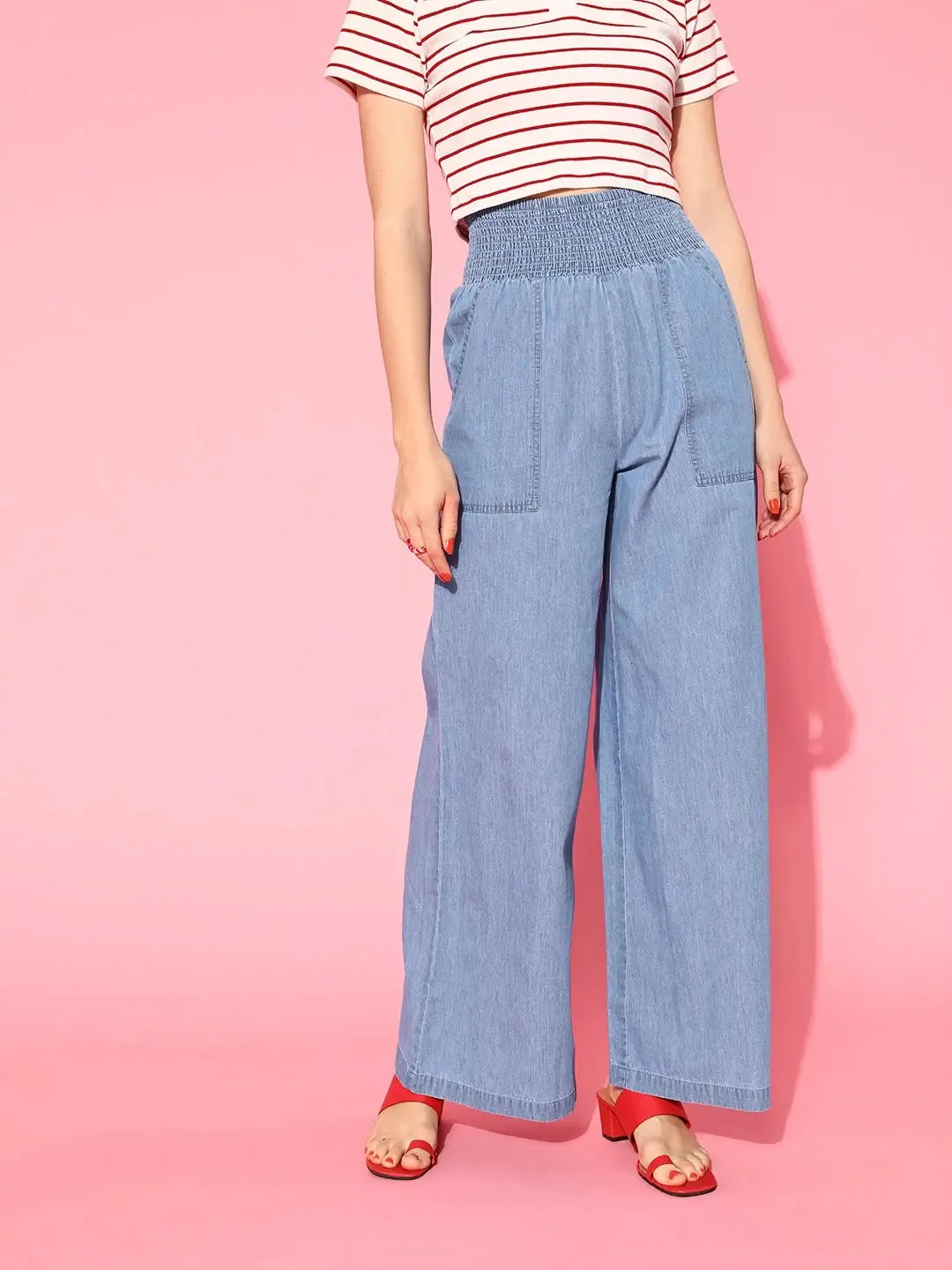 Women Ice Blue Denim Smocking Waist Flared Pants