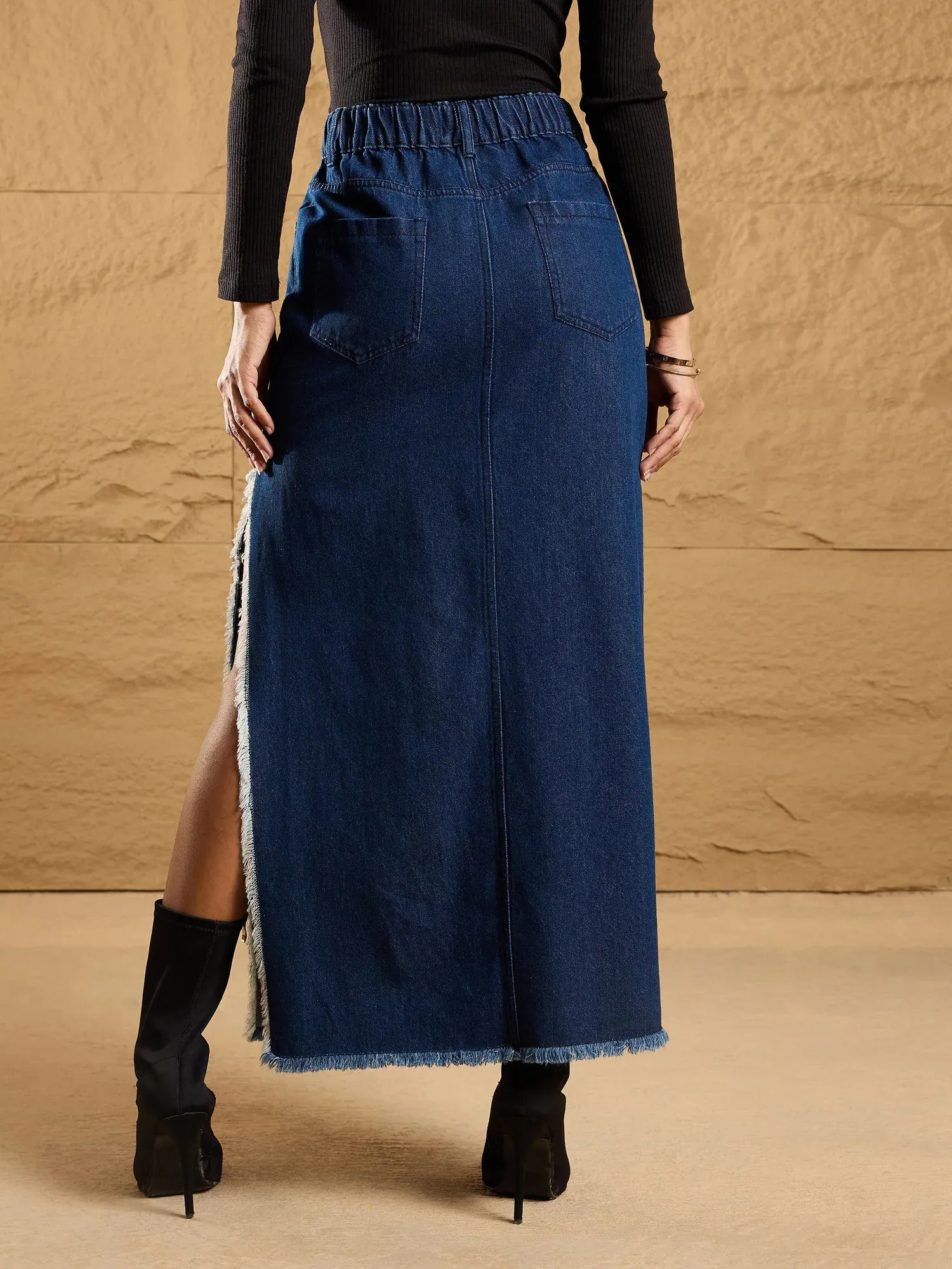 Women Navy Distressed Side Slit Maxi Skirt-SFSKRT30456