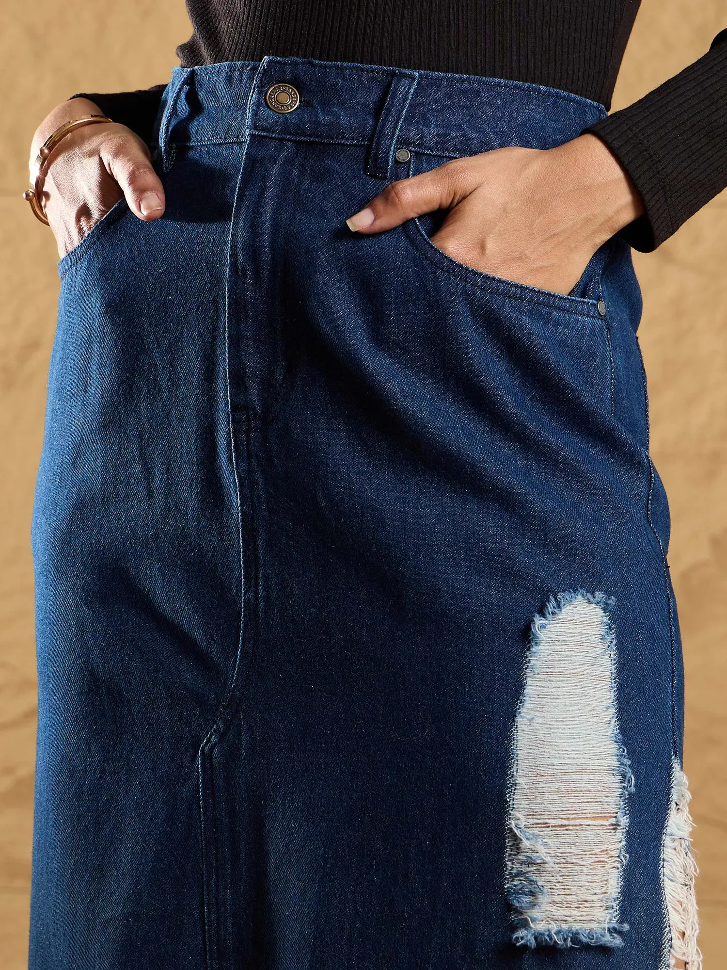 Women Navy Distressed Side Slit Maxi Skirt-SFSKRT30456