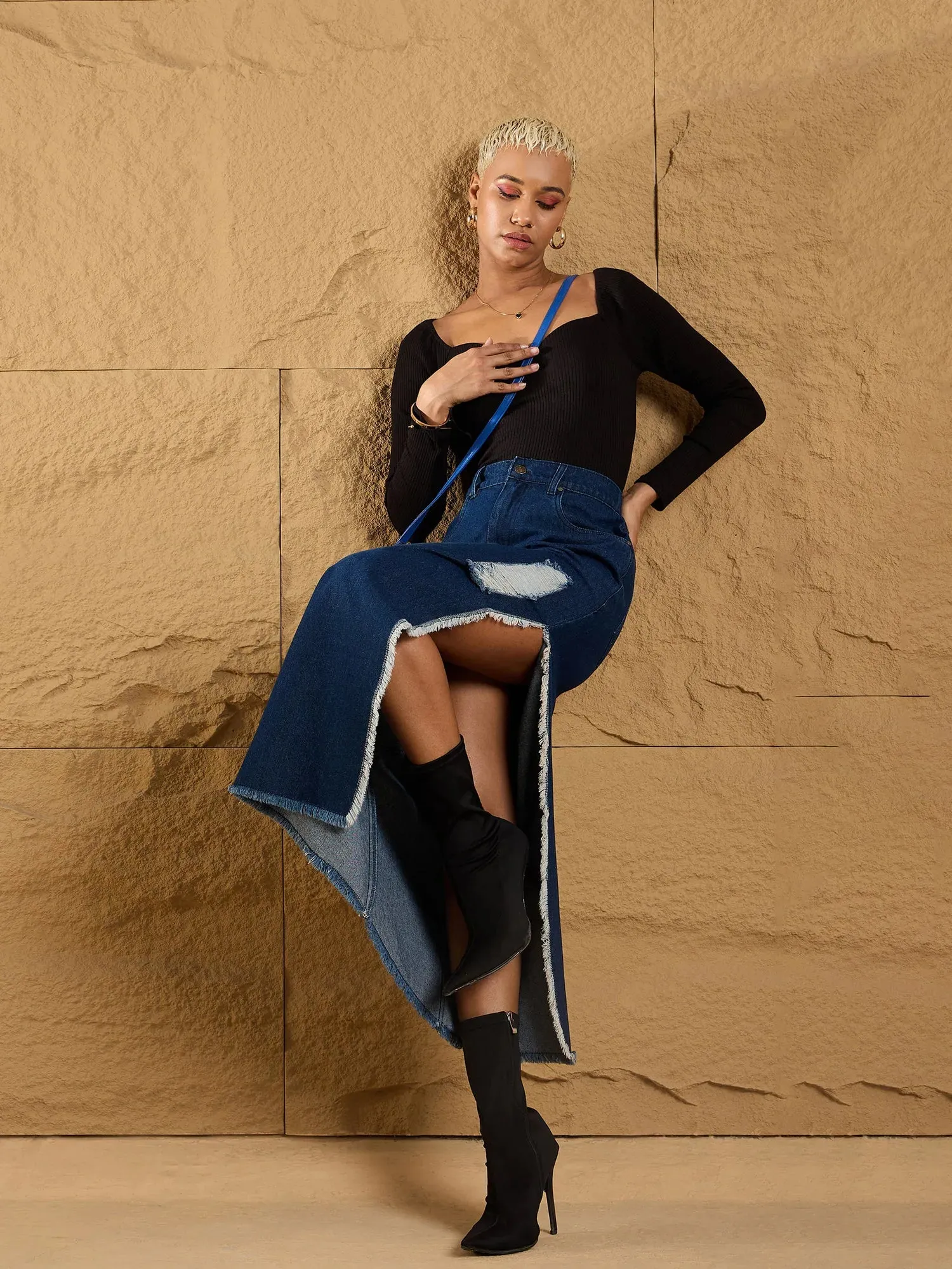 Women Navy Distressed Side Slit Maxi Skirt-SFSKRT30456