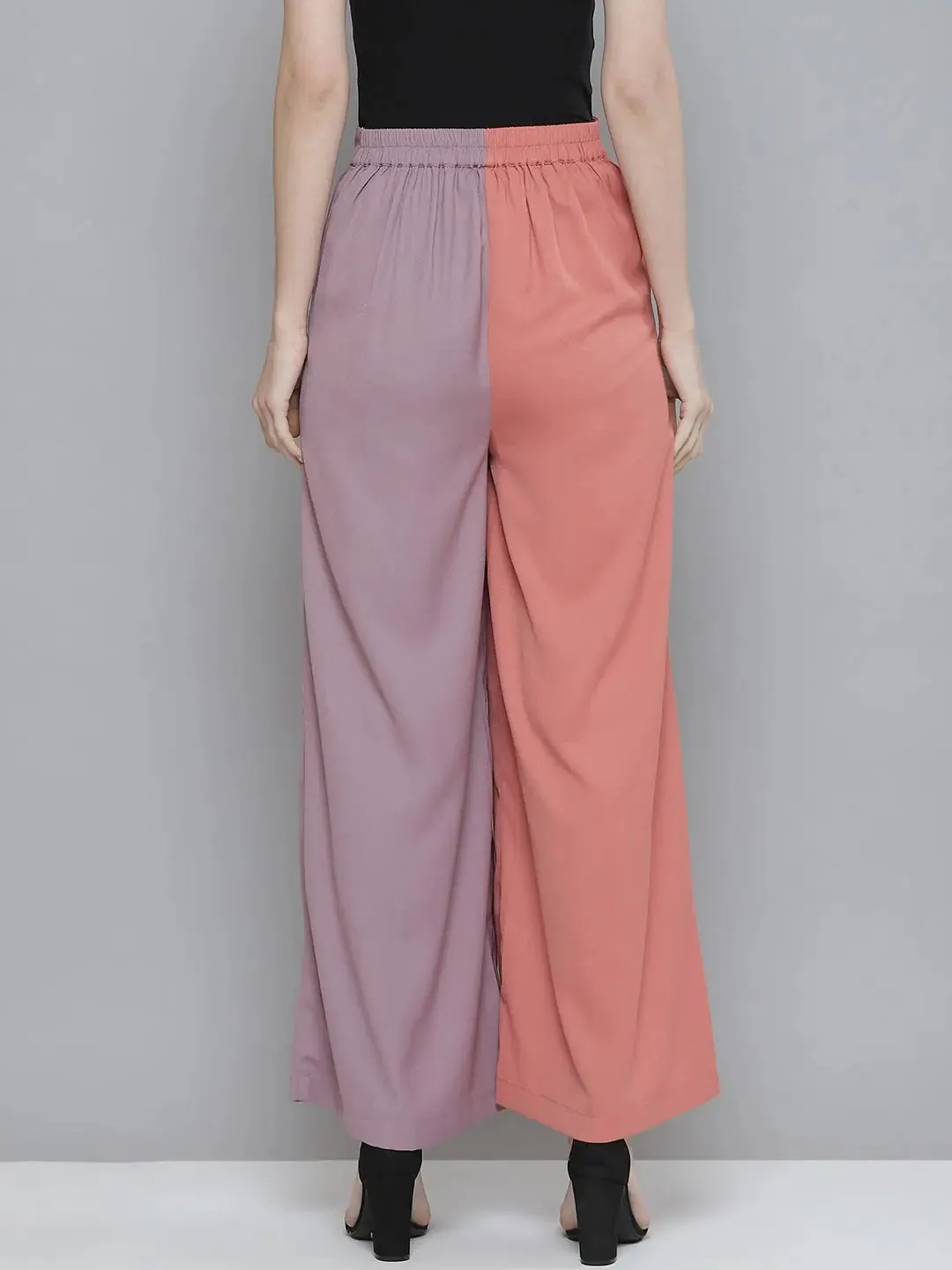 Women Pink & Lavender ColourBlock Belted Wide Leg Pants