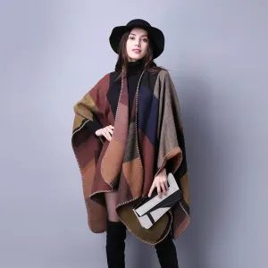 Women Poncho Cashmere Imitation Wool Scarf Embroidery personalized Poncho Block Check Blanket Poncho