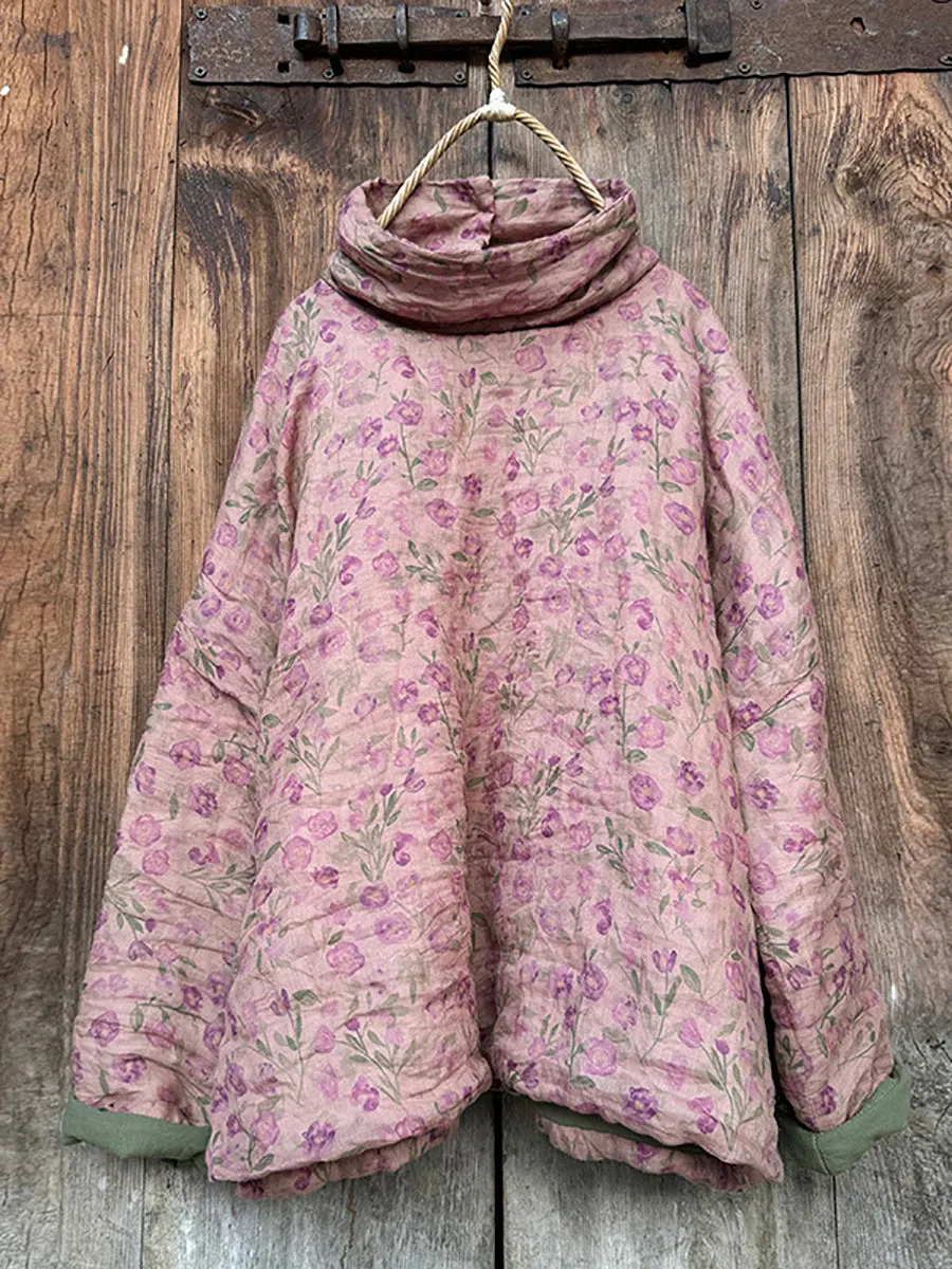 Women Vintage Autumn Floral Turtleneck Ramie Padded Coat