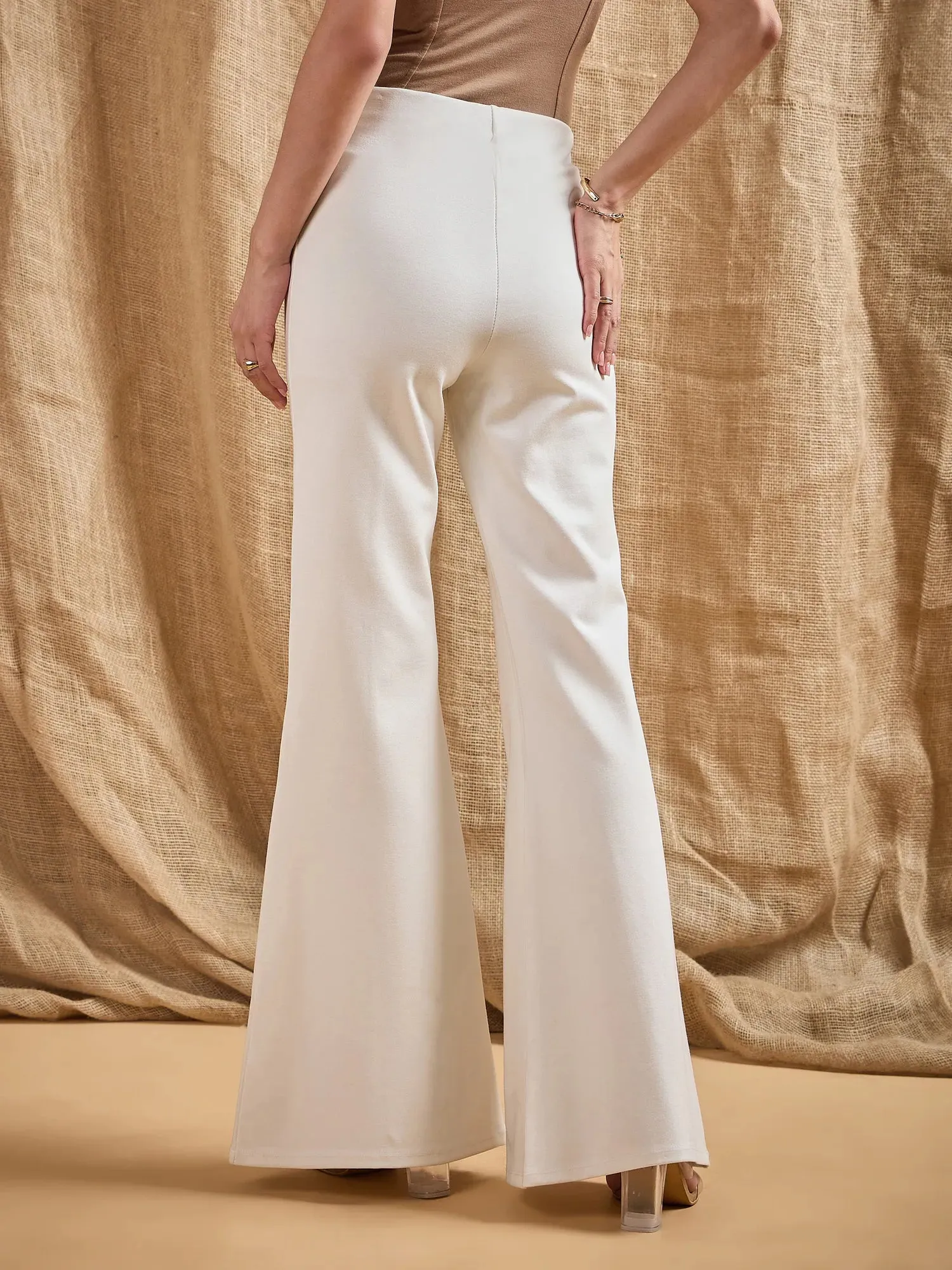 Women White Front Button Flared Bell Bottom Pants-SFPANT50847