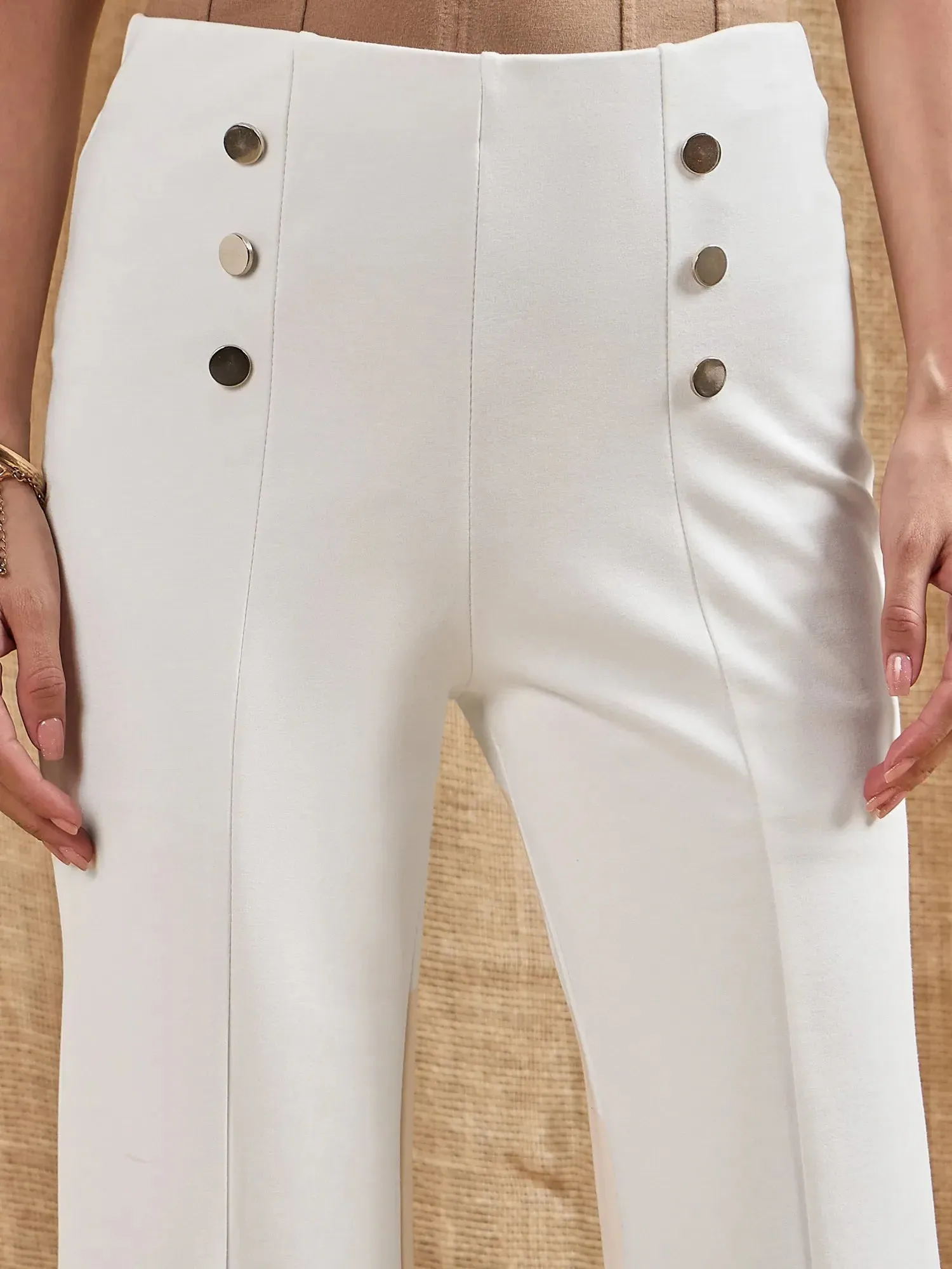 Women White Front Button Flared Bell Bottom Pants-SFPANT50847