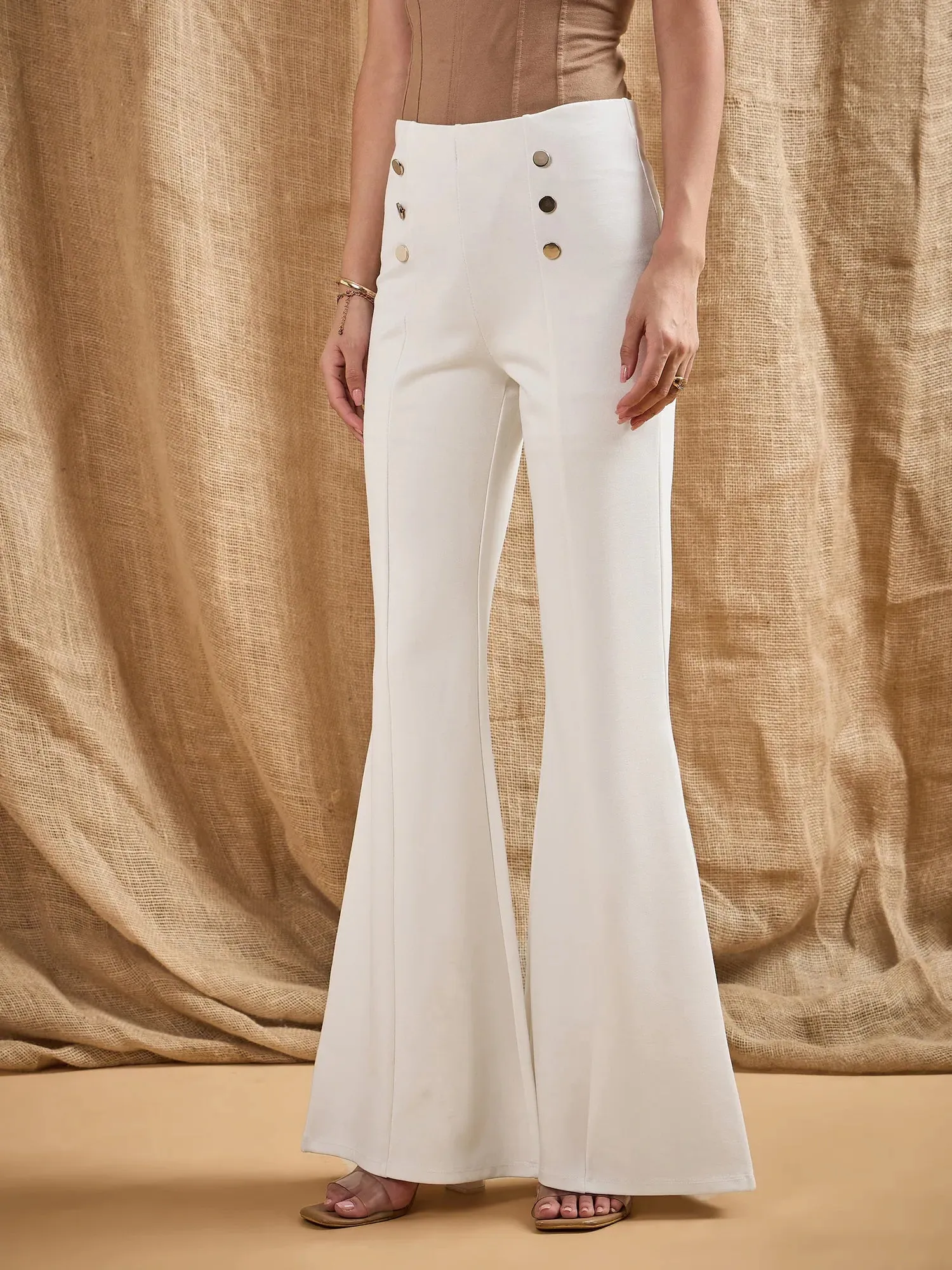 Women White Front Button Flared Bell Bottom Pants-SFPANT50847