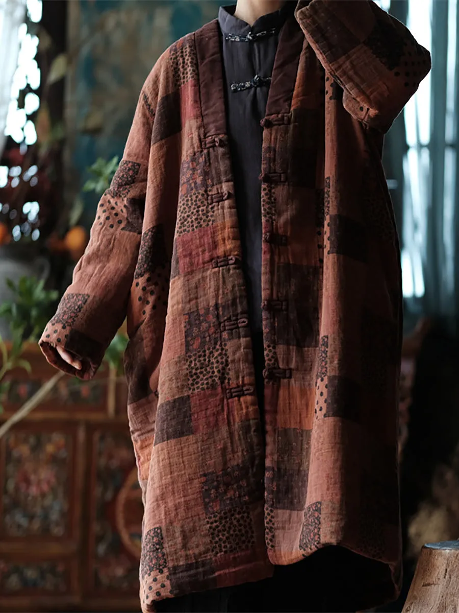 Women Winter Ethnic Floral Plaid Print 100%Cotton Coat