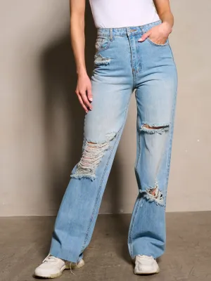 WOMEN'S BUTTON CLOSURE POCKETS DISTRESS DENIM PANTS