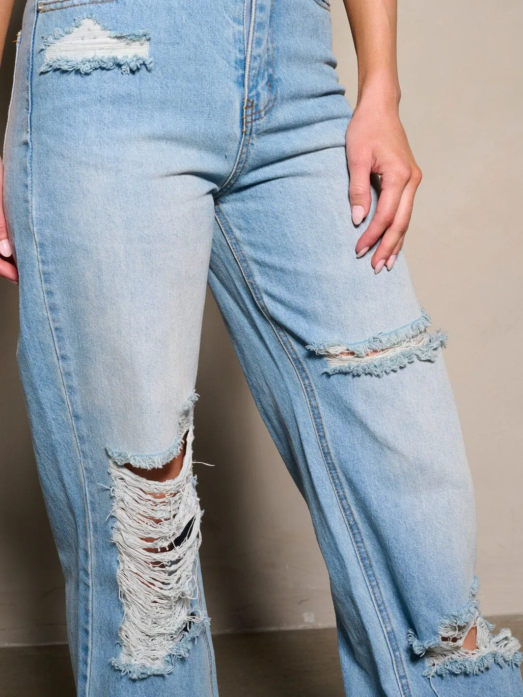 WOMEN'S BUTTON CLOSURE POCKETS DISTRESS DENIM PANTS